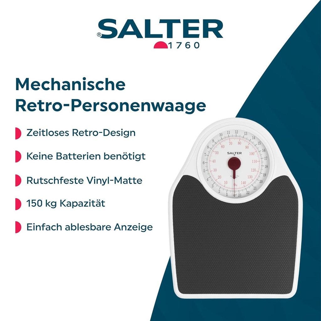 Cantar mecanic de baie Salter – Cantar analogic pentru medici cu afisaj mare, usor de citit, covoras din vinil antiderapant, fara baterii, cantarire precisa in kg/st/lb, design retro atemporal