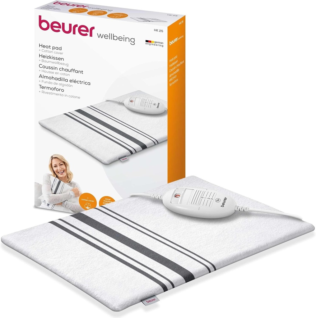 Perna incalzitoare Beurer HK 25, perna incalzitoare confortabila cu 3 setari de temperatura, oprire automata si sistem de siguranta, fabricata in Europa, lavabila la masina, 40 x 30 cm, alb-gri