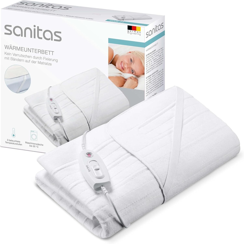 Patura incalzita Sanitas SWB 21 din fleece moale, cu curele practice de fixare, sistem de siguranta, 3 setari de temperatura, lavabila la masina, 150 x 80 cm, potrivita pentru saltele standard