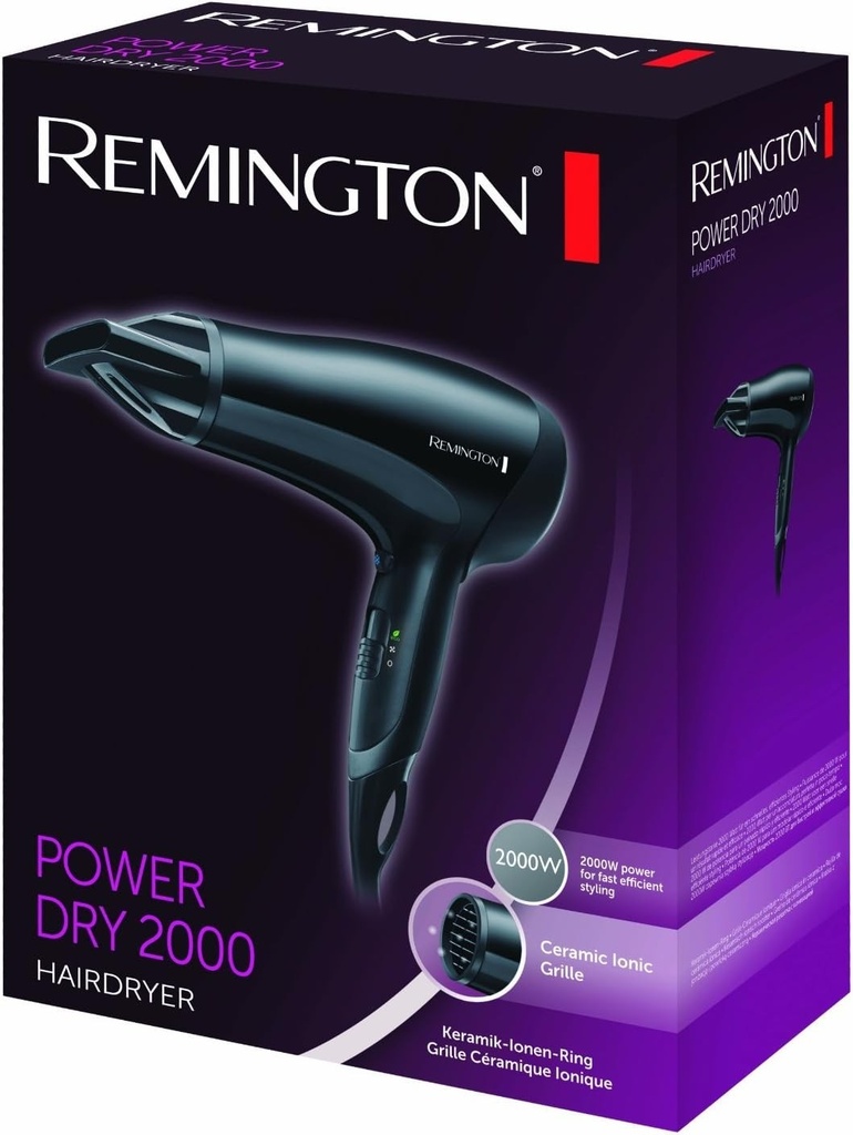 Uscator de par ionic Remington [Usor si compact] Power Dry (2000 W, design compact, duza de coafare, 3 setari separate de caldura si 2 setari separate de ventilator, jet de aer rece, setare eco) D3010