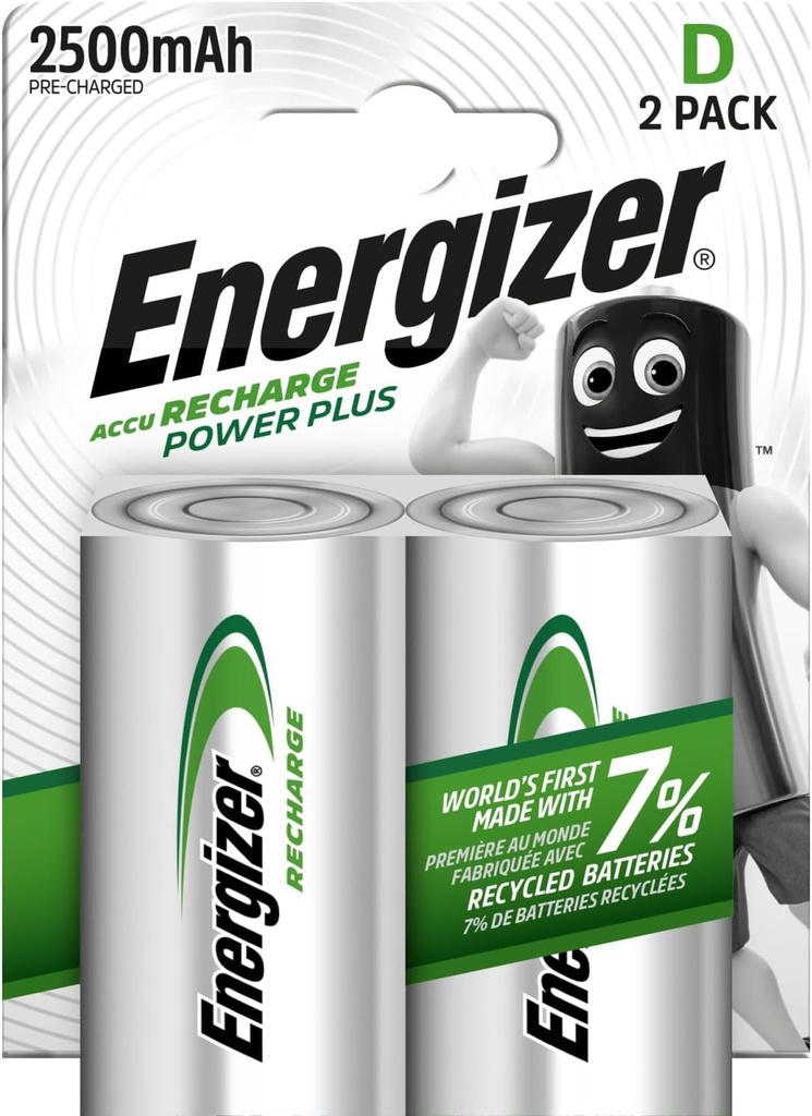 Energizer Recharge Power Plus - Baterii reincarcabile tip D (pachet de 2) - 2500 mAh NiMH - Preincarcate - Putere de lunga durata - Ambalaj 100% reciclabil si fara plastic