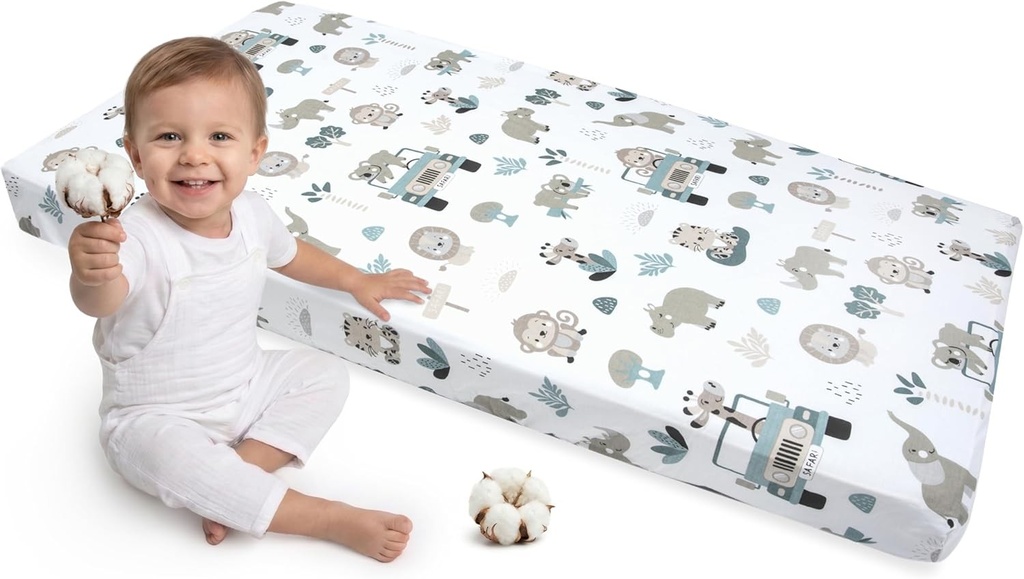 Medi Partners Cearsaf cu elastic 60x120 cm, pat pentru copii, cearsaf cu elastic 100% bumbac - Cearsaf cu elastic pentru copii, lenjerie de pat pentru bebelusi, saltea pentru bebelusi, sac de dormit, pat pentru bebelusi (Menta Zoo)