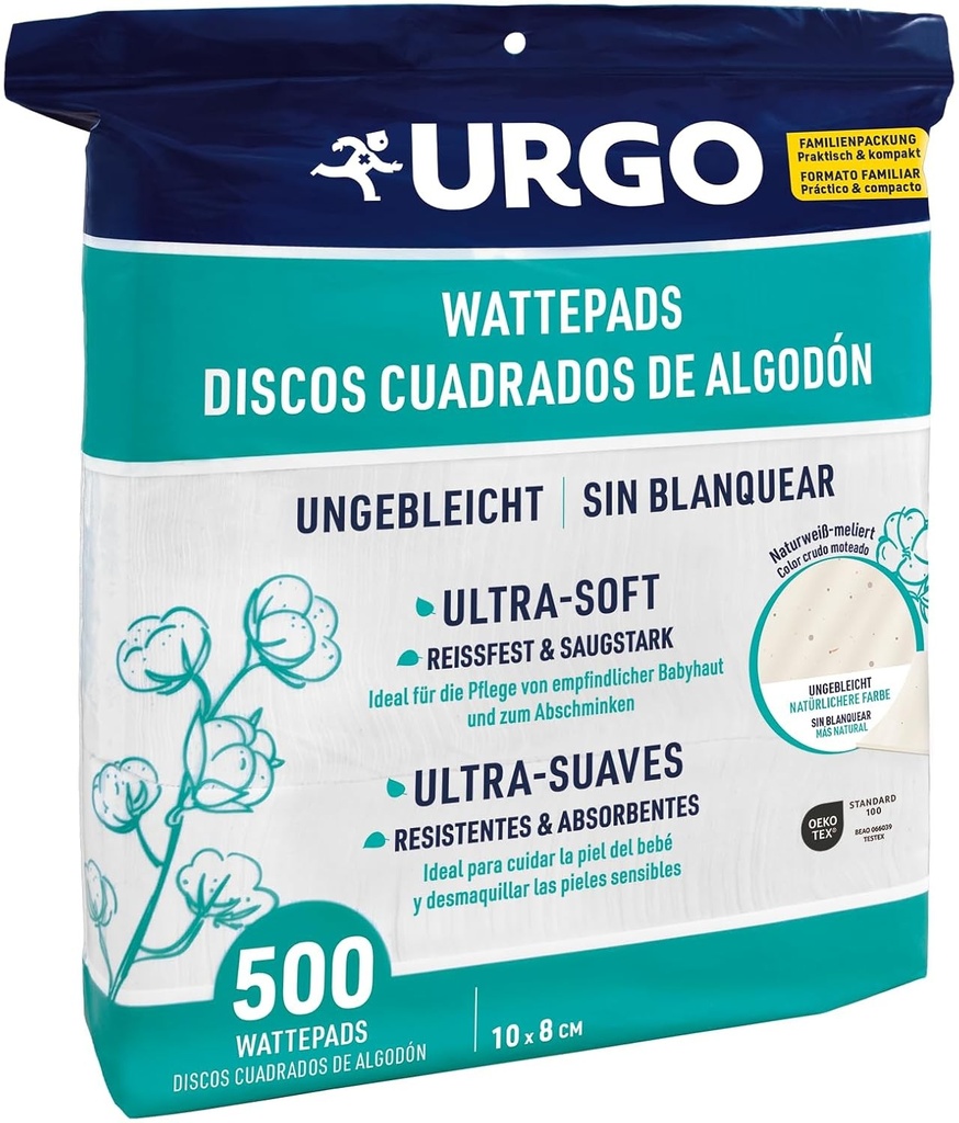 Urgo - Patratele de bumbac - 500 bucati - MARIME FAMILIALA - Ultra-moi si absorbante - Bumbac certificat OEKO-TEX®, nealbit