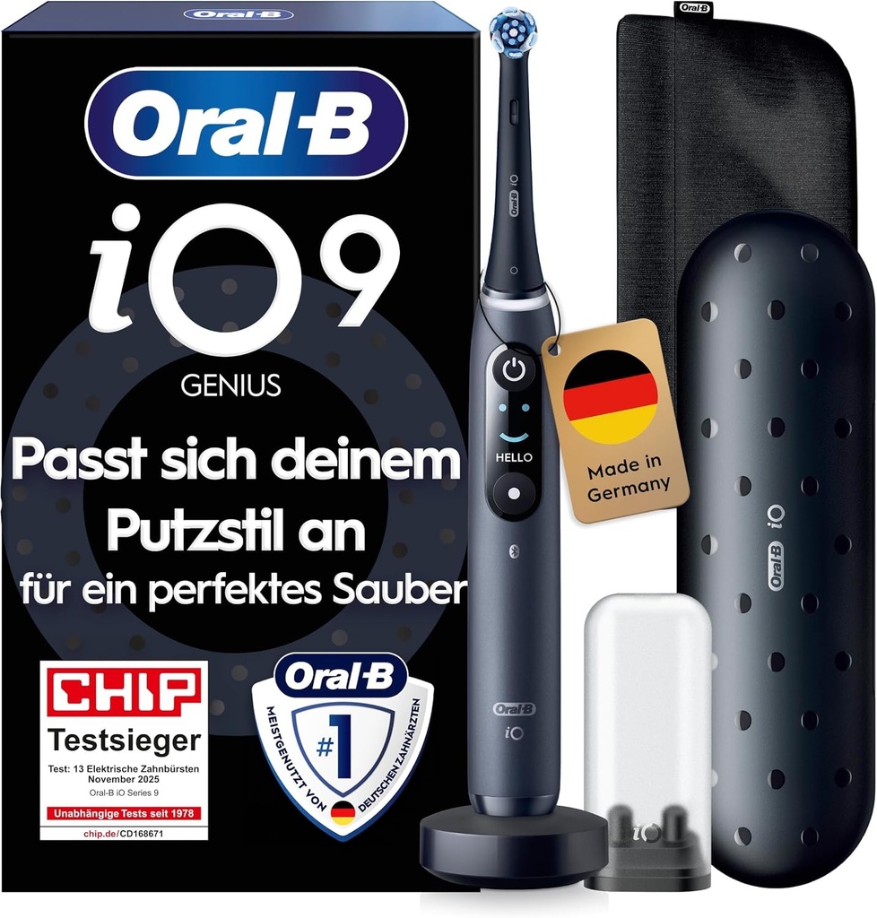 Periuta de dinti electrica Oral-B iO Series 9 Luxe Edition, 7 moduri de curatare, ingrijire orala, afisaj color, husa de calatorie cu incarcare si geanta de cosmetice, onix negru