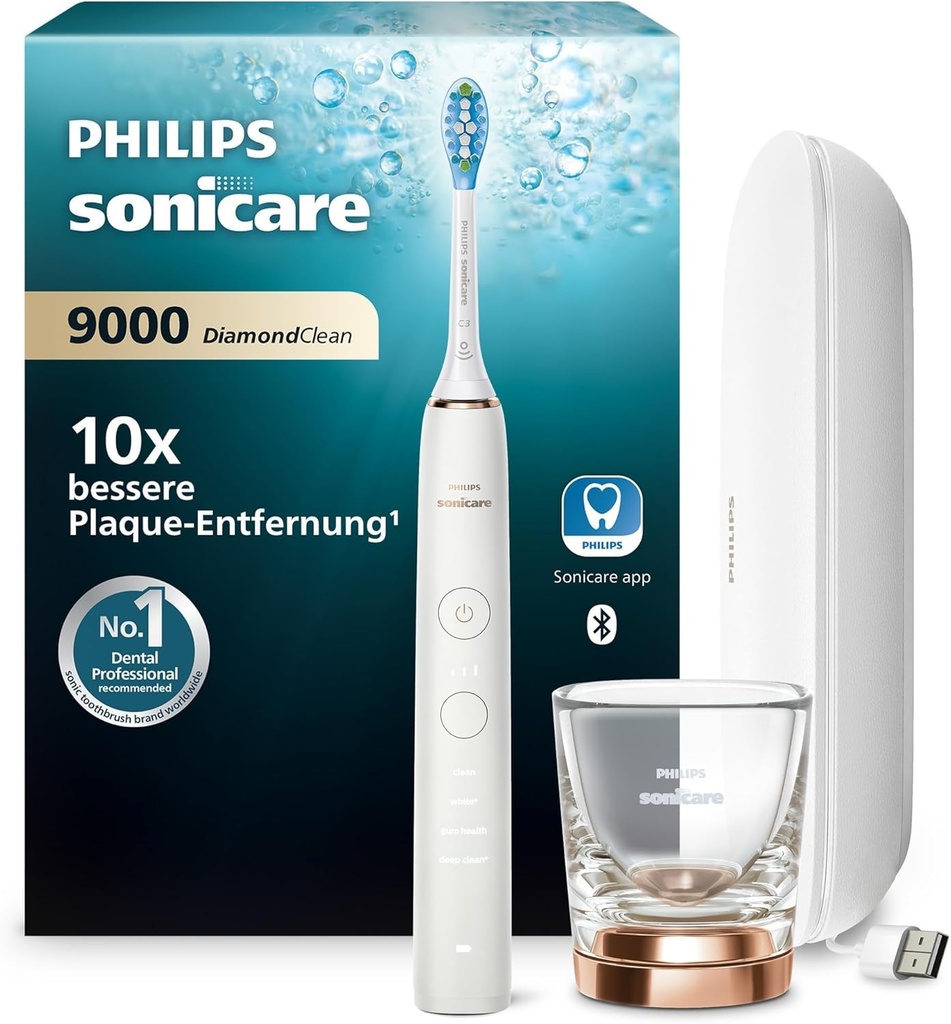 Periuta de dinti electrica Philips Sonicare DiamondClean 9000, periuta de dinti sonica cu aplicatie, senzor de presiune, 4 moduri de curatare, 3 niveluri de intensitate, geam de incarcare si husa de calatorie USB, auriu roz, model HX9911/94