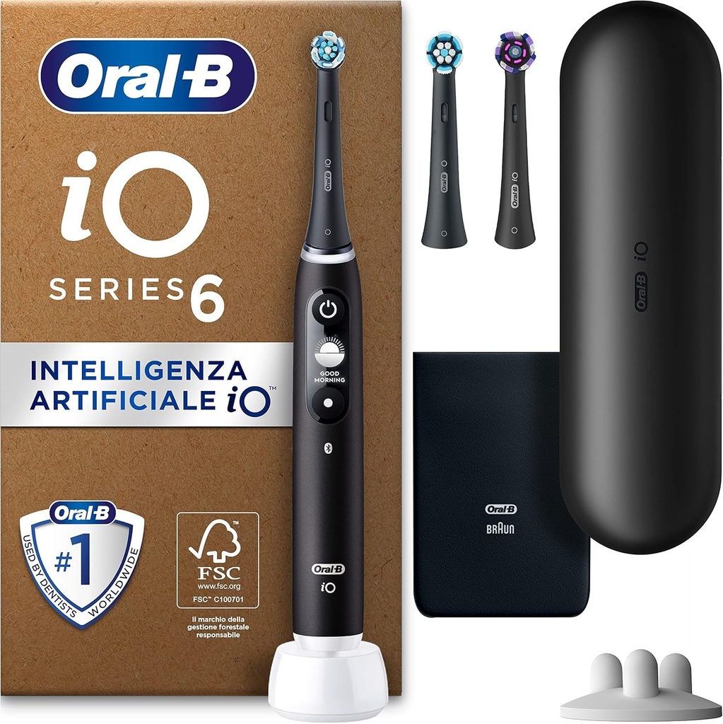 Periuta de dinti electrica Oral-B iO 6, neagra, 5 moduri de periaj, inclusiv albire si ingrijire a gingiilor, senzor de presiune, afisaj interactiv, 3 capete de periuta de schimb Oral-B, geanta de calatorie, cutie de carton