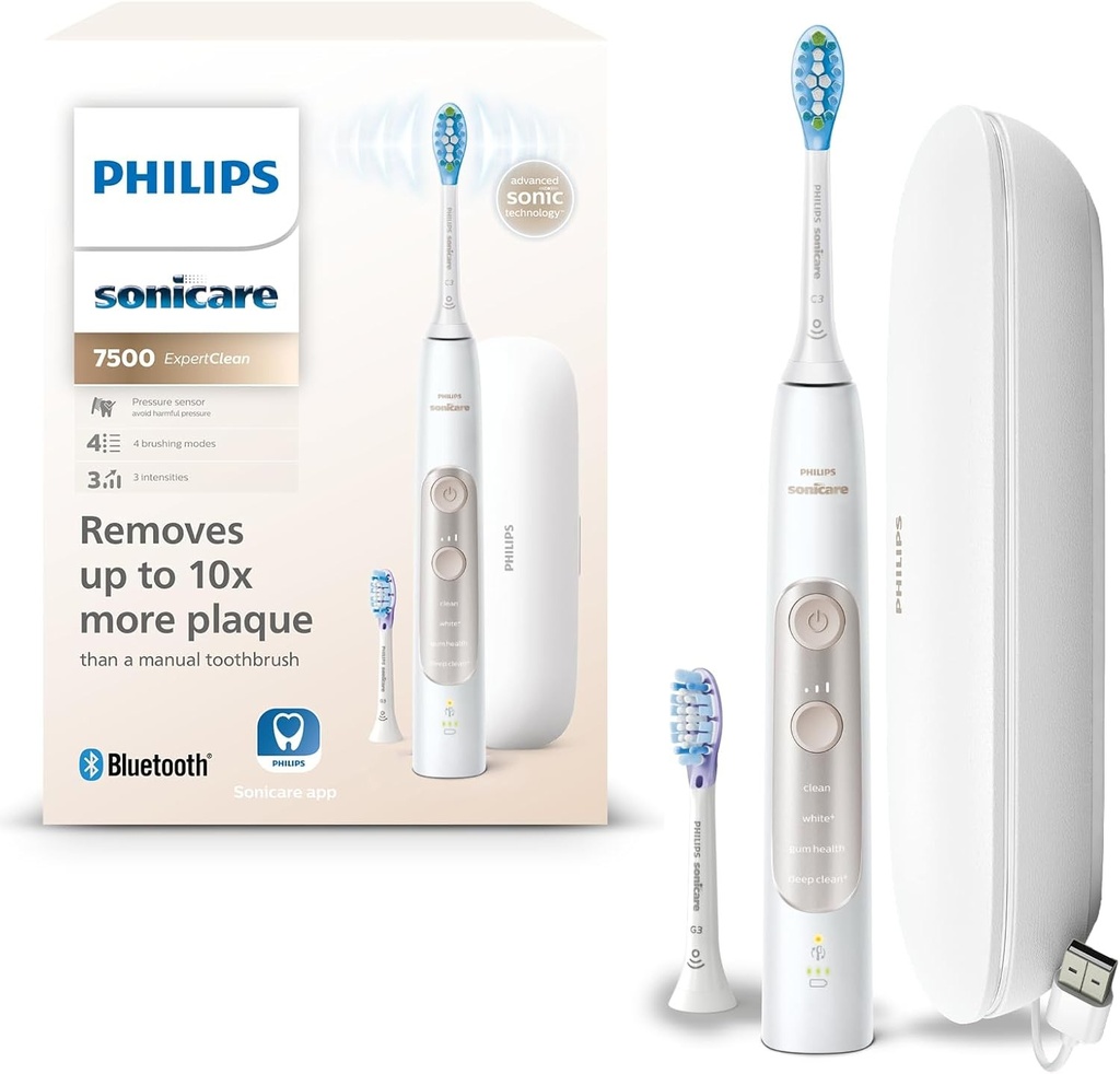 Periuta de dinti electrica Philips Sonicare ExpertClean 7500, periuta de dinti sonica cu aplicatie, 4 moduri de curatare si 3 niveluri de intensitate, senzor de presiune, husa de transport, alb-auriu, model HX9691/02