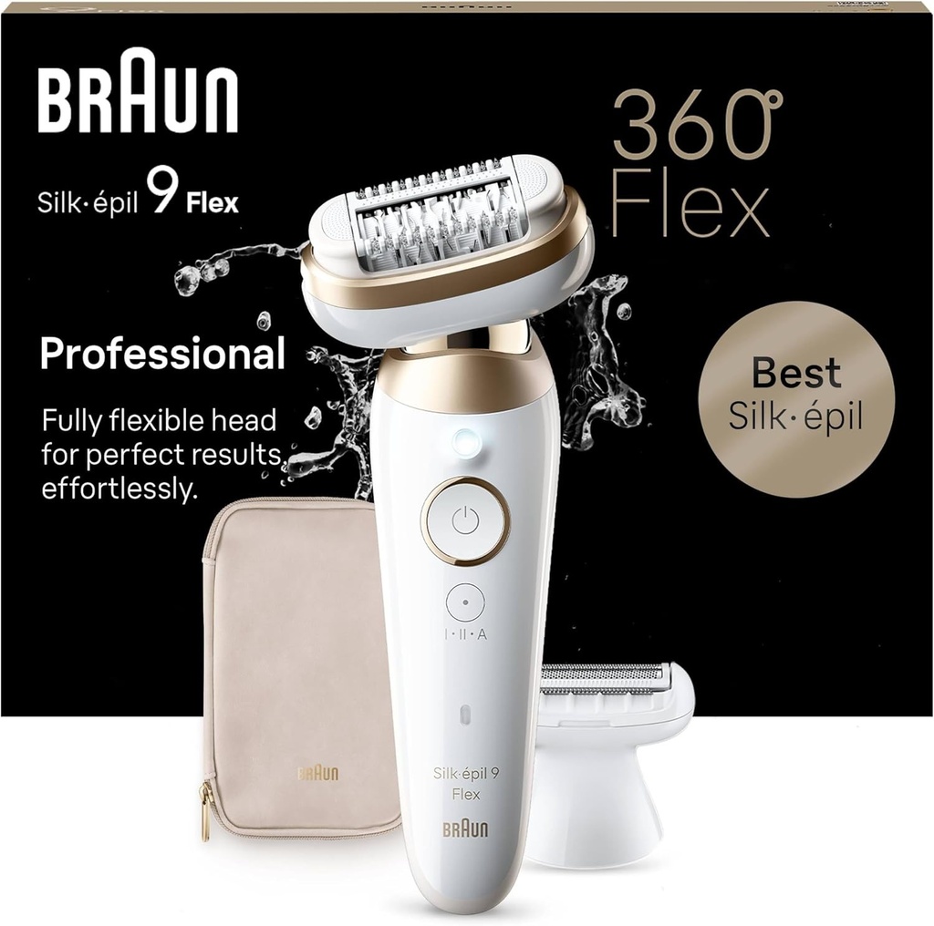 Epilator Braun Silk-épil 9 Flex pentru femei cu cap flexibil la 360° pentru indepartarea usoara a parului, Umed si uscat, Piele neteda de lunga durata, Aparat de ras pentru femei, Cap de ras si cap de tuns, 9-041 3D, Alb/Auriu