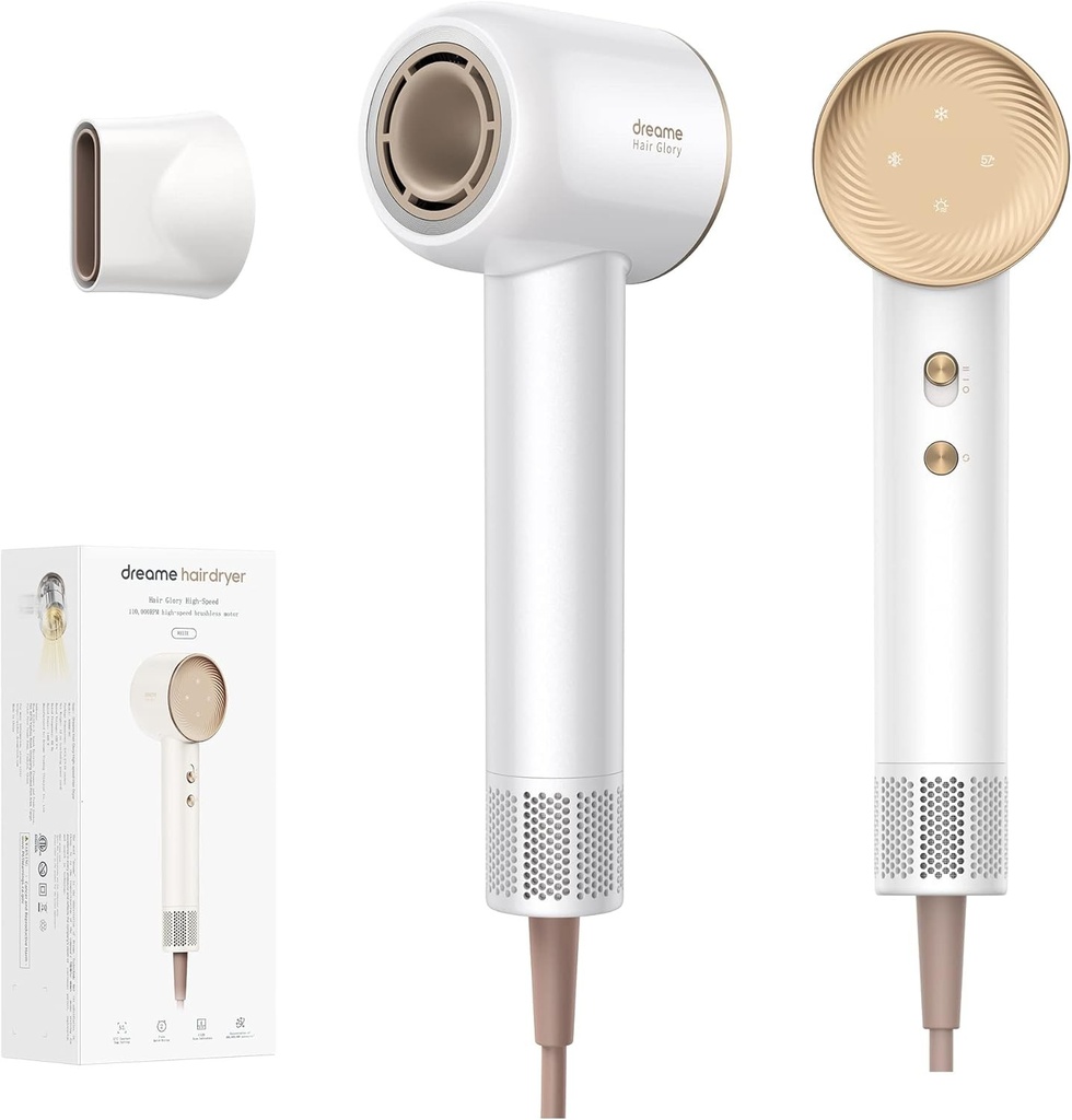 Uscator de par Dreame Hair Glory, uscare rapida, viteza mare de 110.000 rpm, flux de aer de 70 m/s, tehnologie cu ioni negativi, control al temperaturii si vitezei aerului, alb