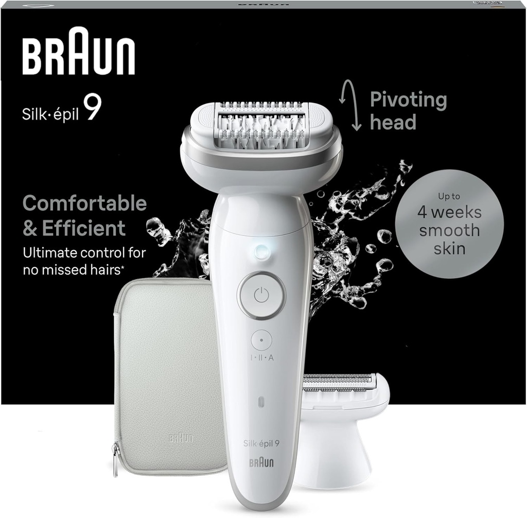 Epilator electric Braun Silk-épil 9 pentru femei cu cap flexibil, umed si uscat, piele neteda de lunga durata, cu cap de ras electric pentru femei si capac de tuns, epilator Braun 9-041, alb/argintiu
