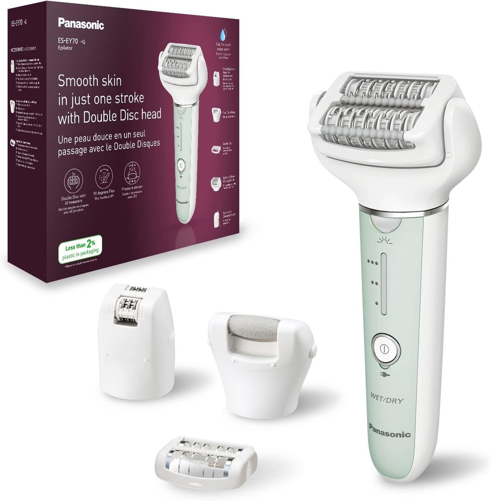 Epilator Panasonic ES-EY70 Wet/Dry pentru femei, disc dublu cu 60 de pensete, cap pivotant la 90°, 3 viteze si lumina LED, functionare 30 de minute, fara fir, epilator, cap pentru ingrijirea picioarelor.