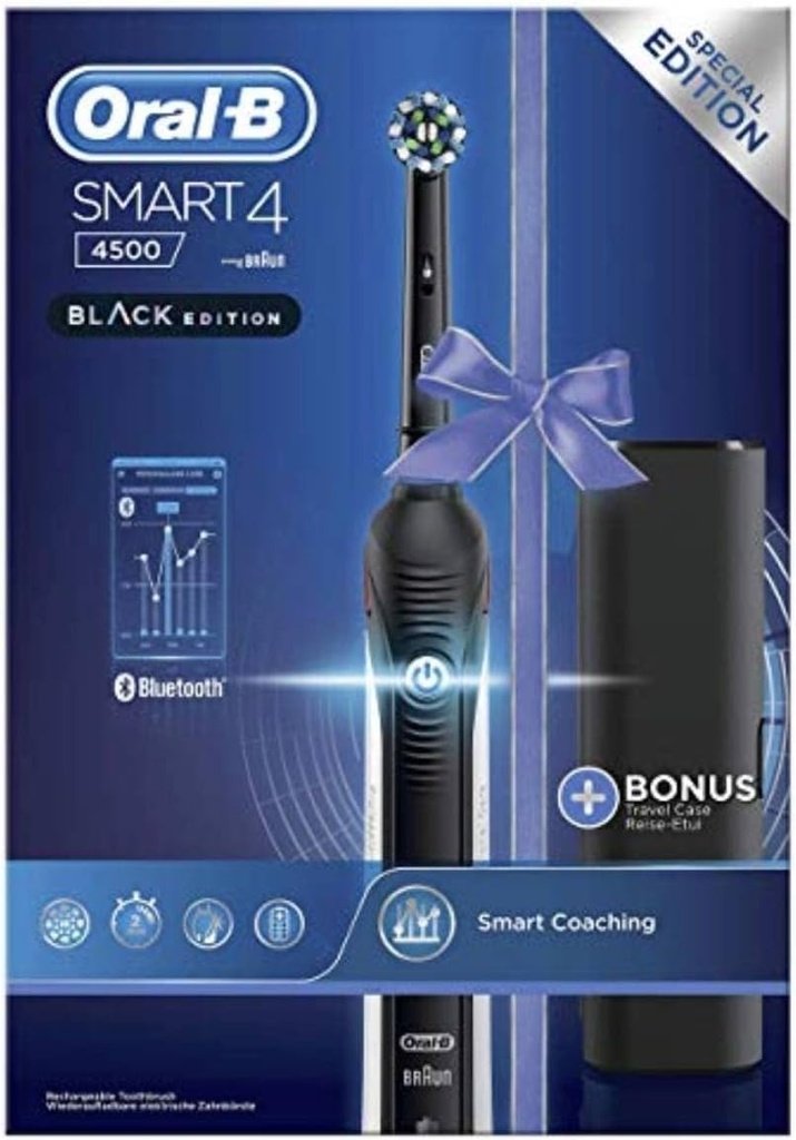 Periuta de dinti electrica reincarcabila Oral-B Smart 4 4500, neagra, 2 capete de periuta, 1 husa de calatorie, 1 periuta de dinti + 1 pasta de dinti Pro-Expert Healthy Whitening