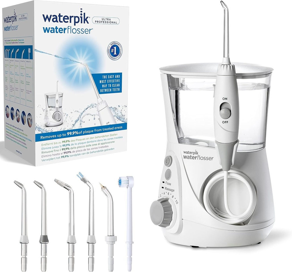 Irigator dentar profesional Waterpik Ultra, de blat, cu apa sub presiune si sistem avansat de control al presiunii, cu 10 setari si 7 duze, indepartarea placii dentare, alb (WP-660EU)
