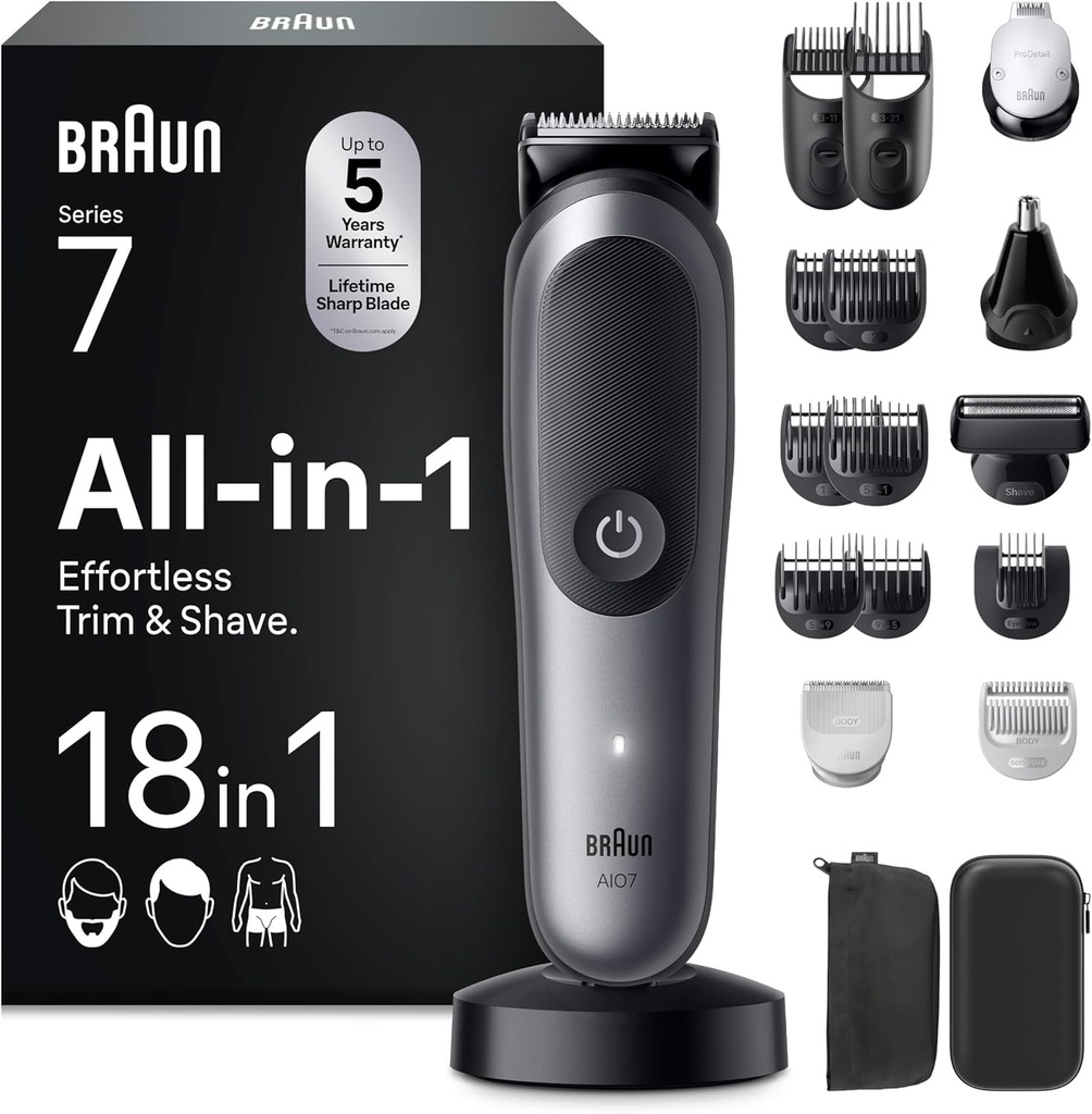 Braun All-in-One Series 7, Aparat de tuns multifunctional 18 in 1, pentru barba, pentru nas, pentru fata, cap si corp, Baterie 120 min, 14 lungimi (3–21 mm), Rezistent la apa, AIO7585, Gri