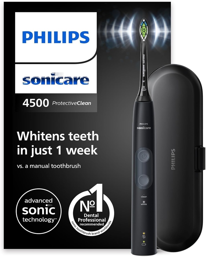 Periuta de dinti electrica Philips Sonicare ProtectiveClean 4500, periuta de dinti sonica cu 2 moduri de curatare, Clean si White, senzor de presiune, cronometru si husa de calatorie, neagra, model HX6830/53