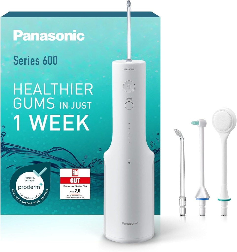 Irigator oral cu ultrasunete Panasonic seria 600 EW-DJ67-W303, irigator dentar cu apa, 200 ml, IPX7, 2 duze cu ultrasunete, 1 duza ortodontica si 1 duza de curatare a limbii, 5 niveluri de presiune