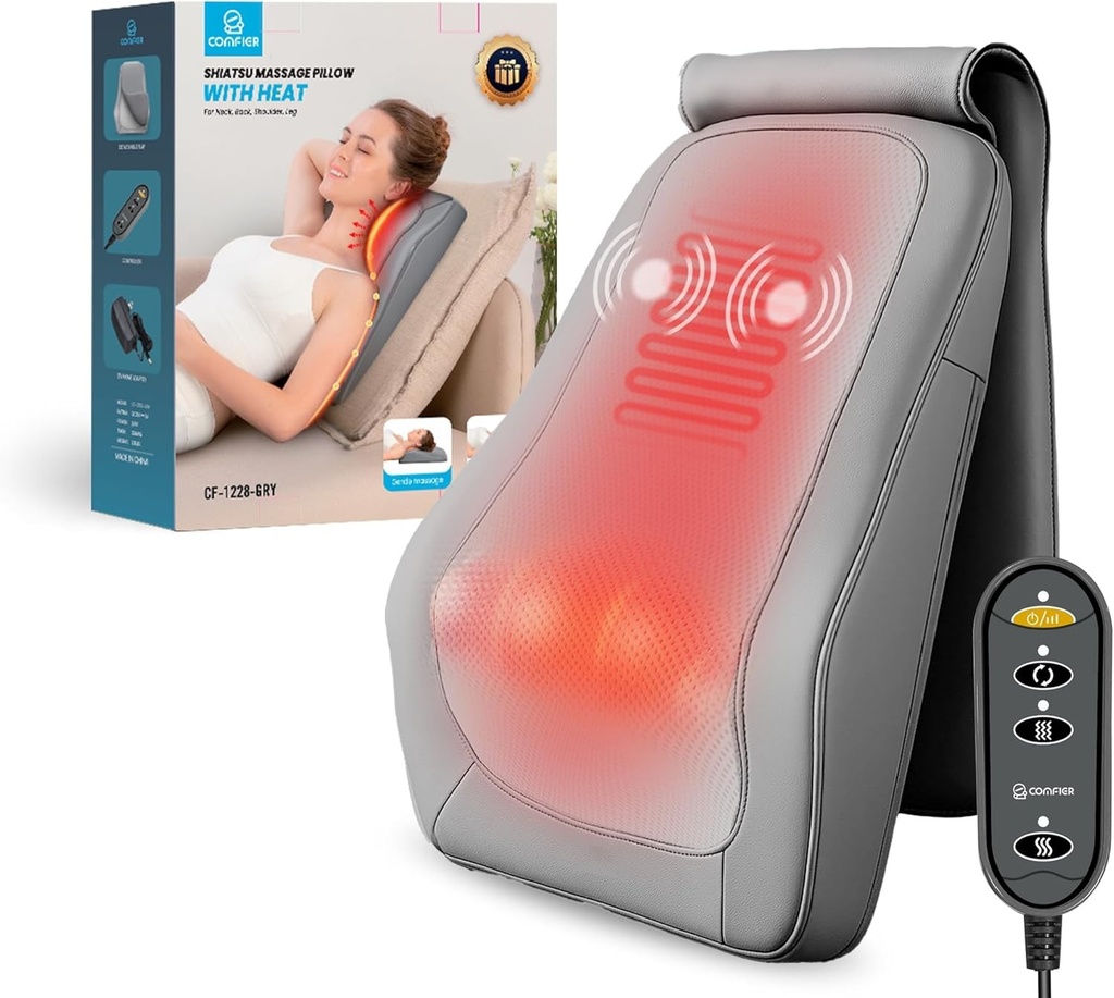 Aparat de masaj Shiatsu COMFIER, masaj pentru gat cu caldura, masaj Shiatsu 4D pentru spate cu framantare, ameliorarea durerilor musculare pentru gat, spate, picioare, cadouri pentru barbati si femei (gri)