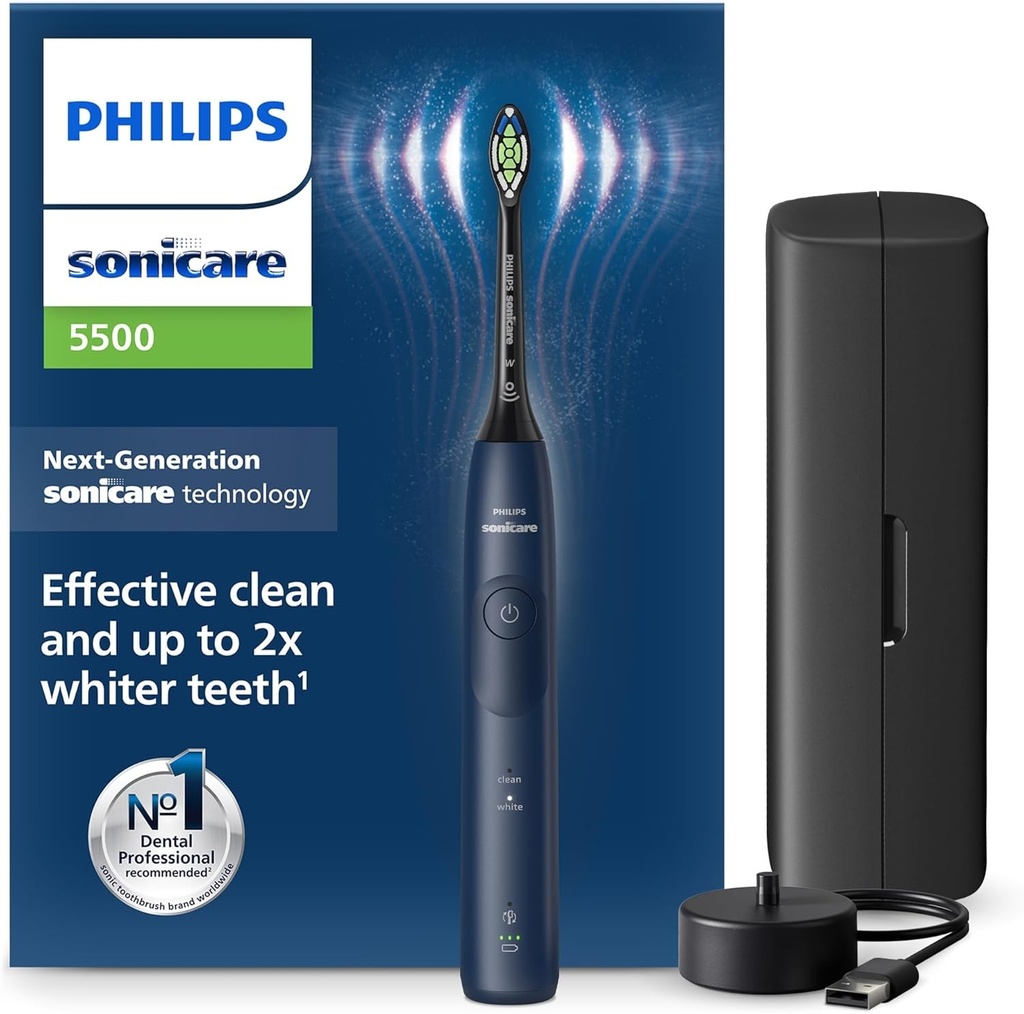 Philips Sonicare 5500 - Periuta de dinti electrica sonica cu 2 moduri, alerta de presiune, EasyStart, SmartTimer si BrushPacer, albastru marin, model HX7113/01 [Tehnologie noua]
