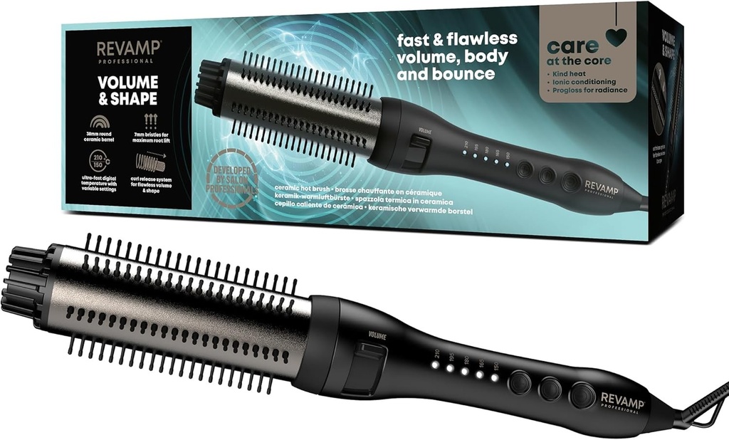Perie de coafat ceramica REVAMP Volume & Shape cu incalzire rapida - perie rotunda incalzita de 38 mm, ioni cu uleiuri Progloss, perie cu incalzire rapida, peri retractabili, coafare fara incurcaturi