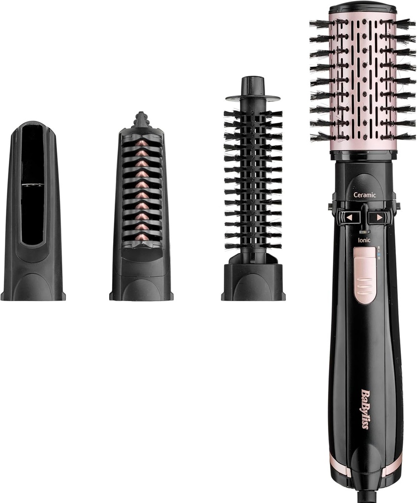 BaByliss Dry, Straighten and Style - Perie rotativa cu aer cald, Uscator de par cu perie ionic rotunda de 1000 W cu 4 accesorii pentru uscare, indreptare, creare de volum, Negru, AS200E