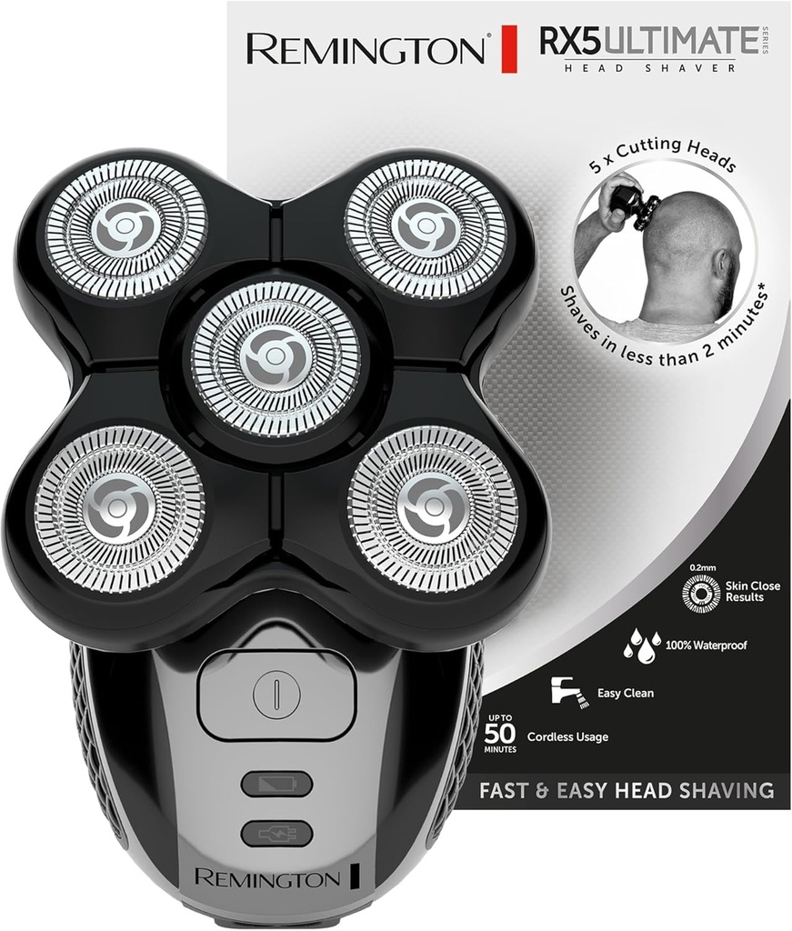 Aparat de ras Remington Bald Head pentru barbati - Lama flexibila cu doua sine - Aparat de ras rotativ cu cap de litiu, 5 capete de ras, Colectare par, Aparat de tuns, Aparat de ras electric RX5 XR1501