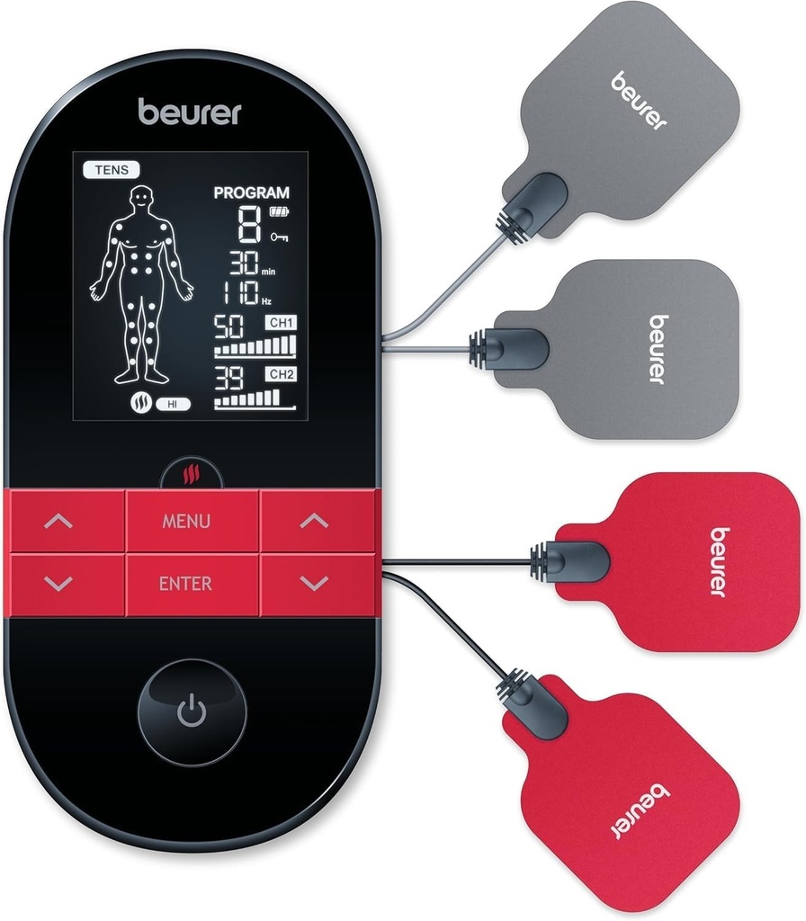 Aparat digital TENS/EMS Beurer EM 59, stimulare electrica 4 in 1 pentru terapia durerii, stimulare musculara, masaj si terapie termica, negru, cu 4 electrozi si baterie