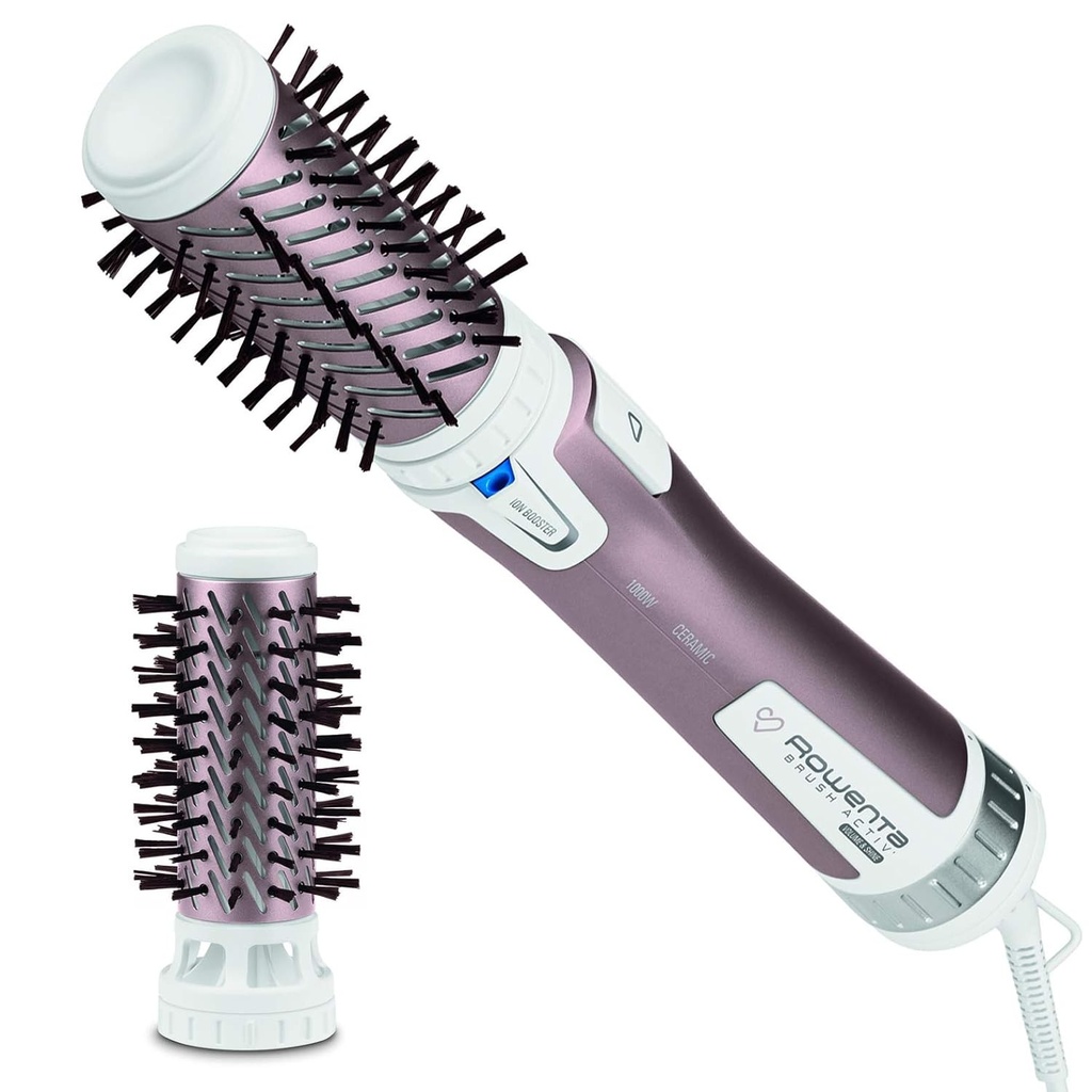 Perie cu aer cald Rowenta CF9550 Brush Activ' Dry & Style, accesoriu 2 in 1 cu aer cald + rotatie, rotatie inainte/inapoi, amplificator ionic, incl. accesorii de perie cu invelis ceramic, alb/liliac metalizat