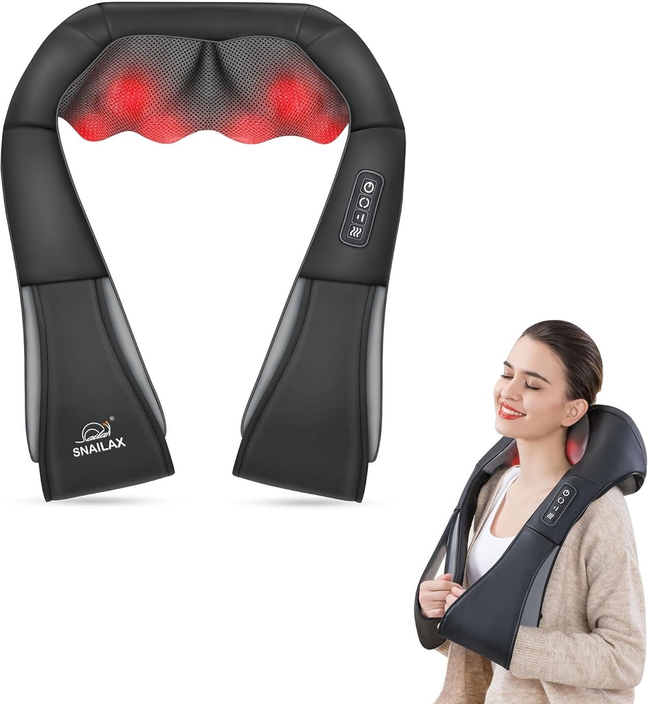 Aparat de masaj Snailax pentru umeri, gat si spate, masaj Shiatsu pentru gat cu caldura, masaj pentru spate, masaj electric cu rotatie 4D pentru acasa si birou, cadouri pentru barbati si femei