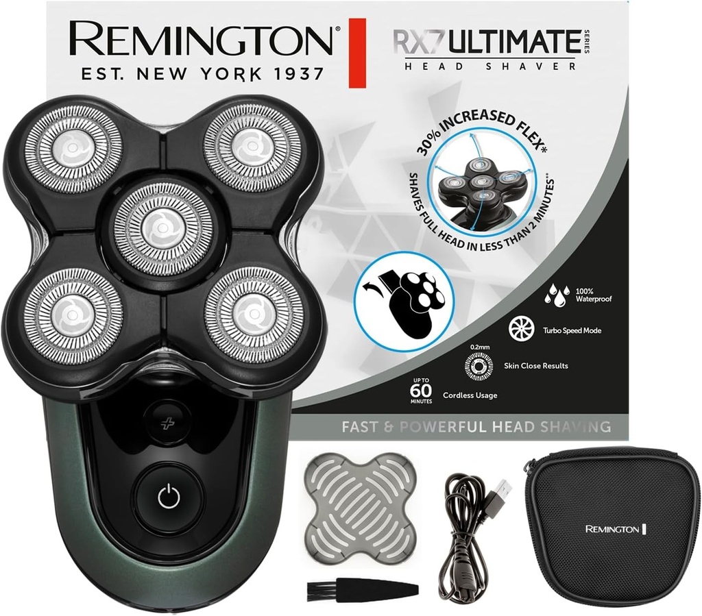 Remington Aparat de ras electric cu cap chel pentru barbati [Functie Turbo Boost] Aparat de ras cu cap cu litiu (5 capete de ras, ras fin max. 0,2 mm, camera de colectare a parului, trimmer de detalii, rezistent la apa) Aparat de ras cu cap XR1600
