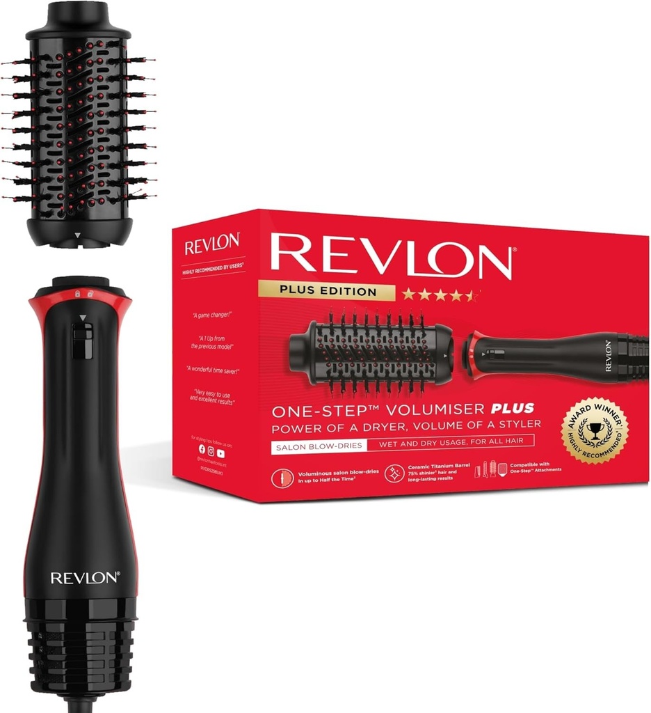 REVLON PROFESSIONAL Volumizator Plus intr-un singur pas (cap detasabil, placa ceramica-titan, peri de coafat mixti cu ace din carbune activ, tehnologie ionica cu turmalina), RVDR5298E