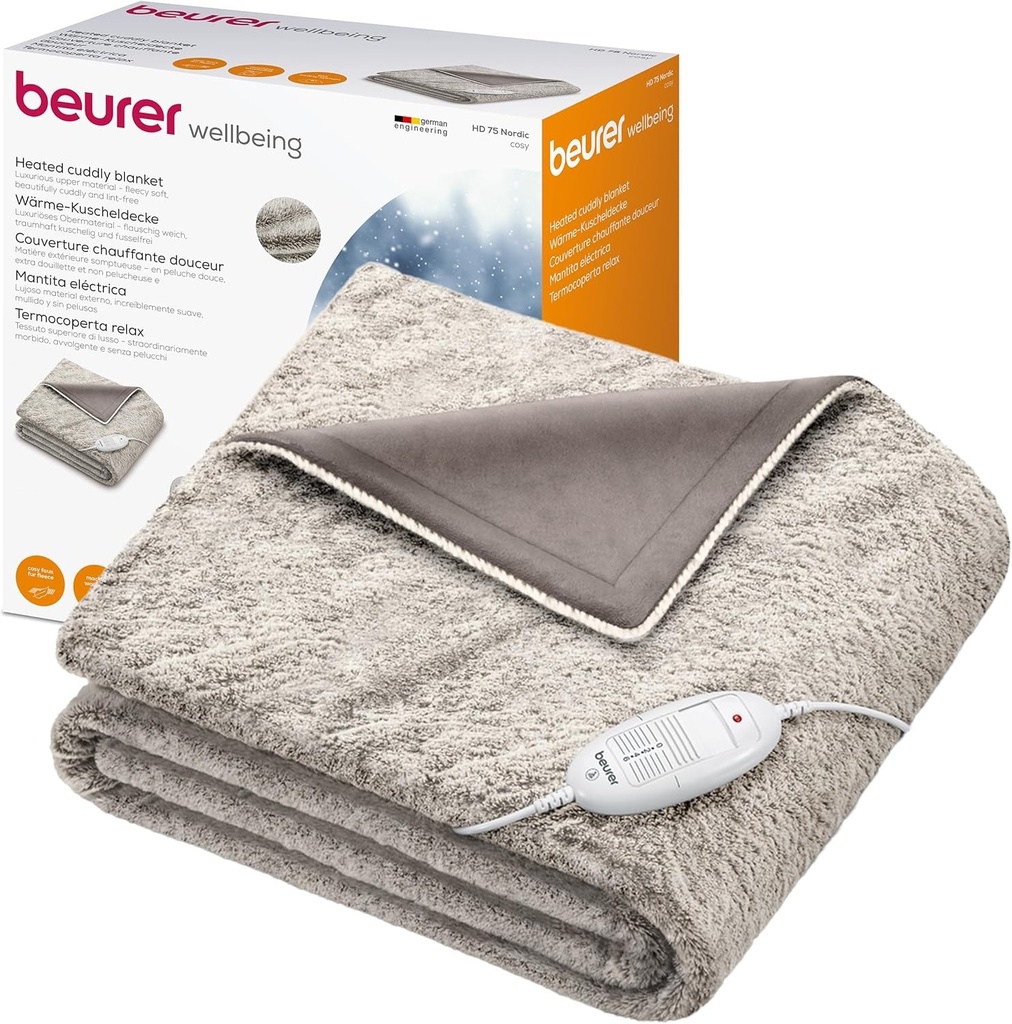 Patura incalzita Beurer HD 75 Nordic, patura calduroasa si pufoasa cu aspect de blana, 6 setari de temperatura, lavabila la masina, cu oprire automata, bej/maro, 180 x 130 cm