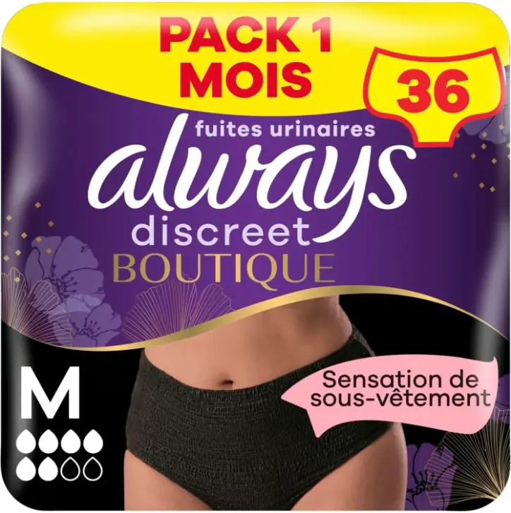 Lenjerie intima pentru incontinenta Always Discreet Boutique, marime mare neagra, marime medie, 36 de chiloti, se simte ca lenjerie intima reala, super absorbanta, design modelator