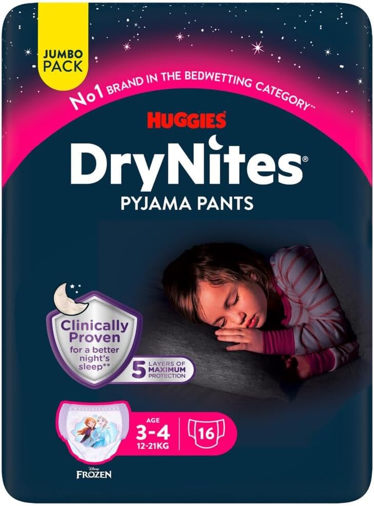 HUGGIES DryNites - Lenjerie intima ultra-absorbanta de noapte - (3-4) ani Fete (12-21 kg) - 4 pachete a cate 16 chiloti - solutia ideala pentru copiii care uda patul