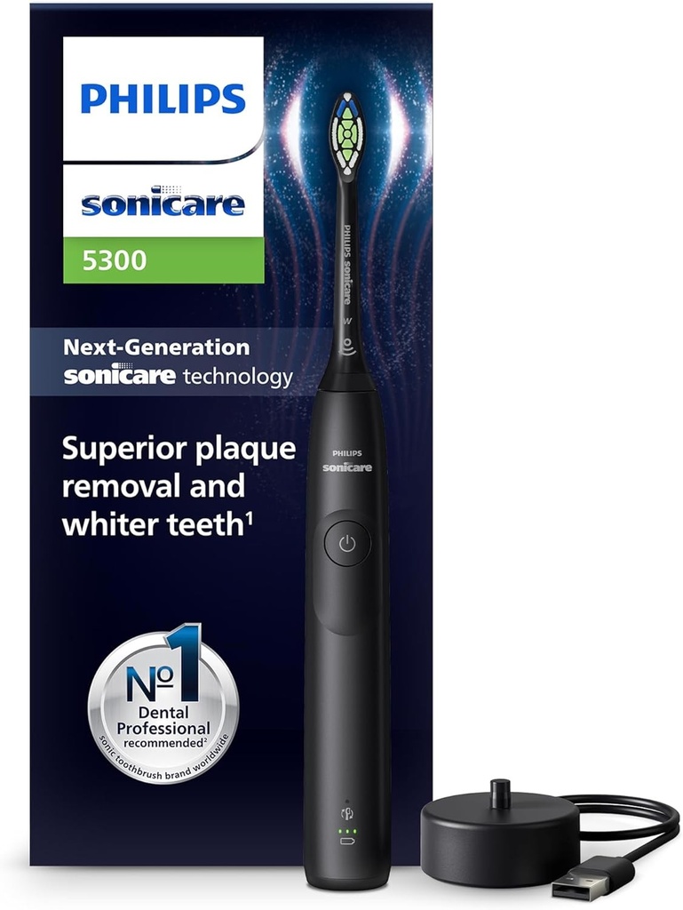 Periuta de dinti electrica Philips Sonicare 5300, periuta de dinti sonica cu 2 niveluri de intensitate, control al presiunii, EasyStart, Smartimer si BrushPacer, neagra, model HX7101/01 [Tehnologie noua]