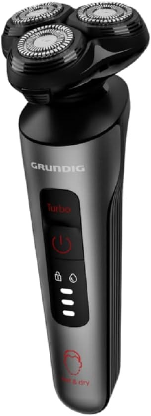 Aparat de ras Grundig ProClub MS 8130 pentru barbati, senzor BeardCare, carcasa exterioara fabricata din 61% plastic reciclat, tehnologie cu lame din titan, umed si uscat, crom mat inchis/rosu