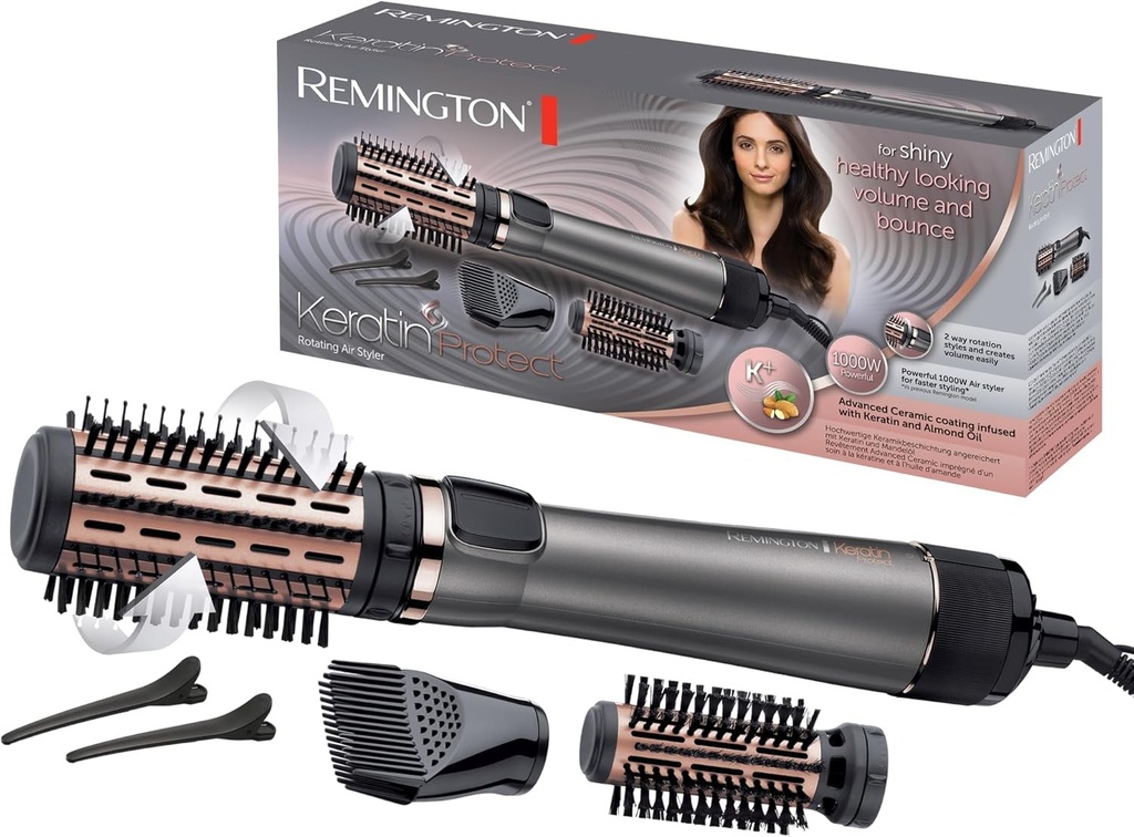 Perie rotativa cu aer cald Remington [Automata] Keratin Protect (include 3 accesorii: 2 perii rotunde + booster pentru radacini pentru mai mult volum) + agrafe de par, invelis ceramic cu ulei de migdale, AS8811, Gri