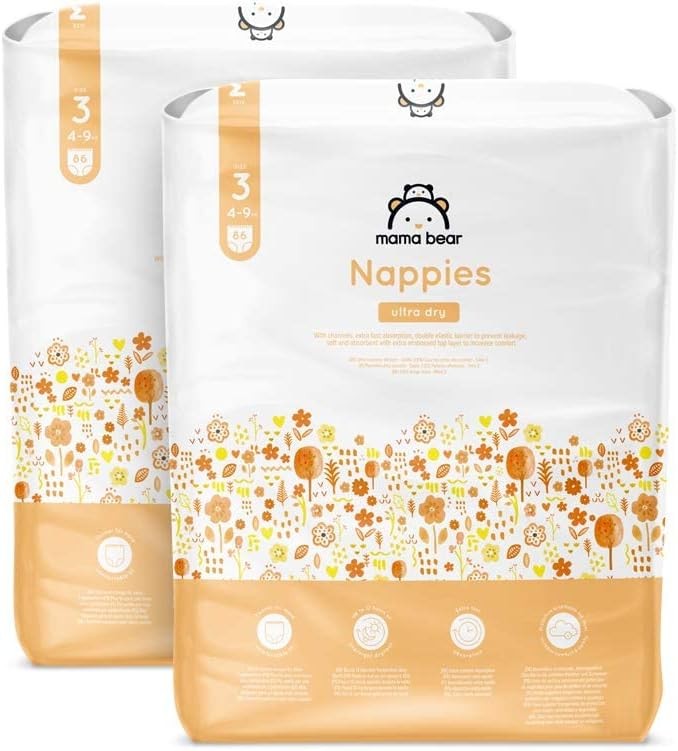 Scutece pentru bebelusi ultra absorbante de la Amazon, marimea 3 (4-9 kg), albe, 172 bucati (2 pachete a cate 86) - PACHET LUNAR (fosta marca Mama Bear, acelasi produs)