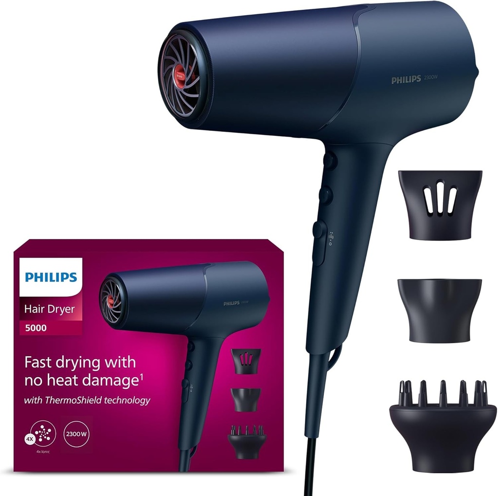 Uscator de par Philips Seria 5000, tehnologie ThermoShield, ingrijire ionica, 2300 W, albastru metalizat, cu duza de coafare de 9 mm si 11 mm, difuzor de volum, BHD510/20