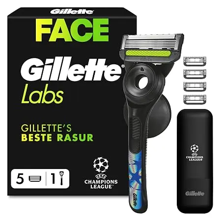 Lame de ras Gillette Labs System Blades, pachet de 5 + maner + suport pentru dus + geanta subtire de calatorie „UEFA Champions League” 