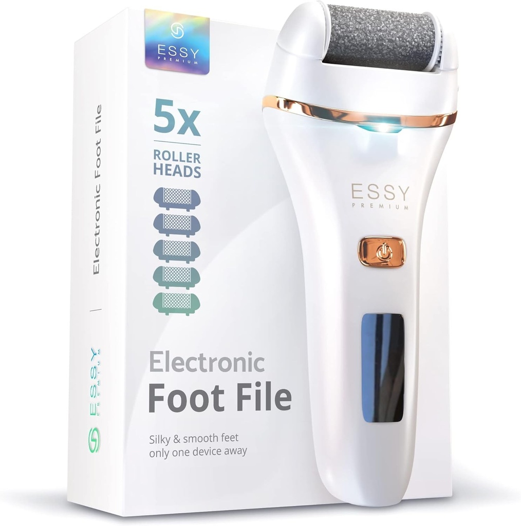 Essy Electric Callus Remover - Castigator al testului cu 5 role de schimb - Dispozitiv electric pentru indepartarea calusurilor - Dispozitiv de ingrijire a picioarelor - Set de pedichiura - Ingrijire electronica a picioarelor - Pila pentru calusuri (alba)