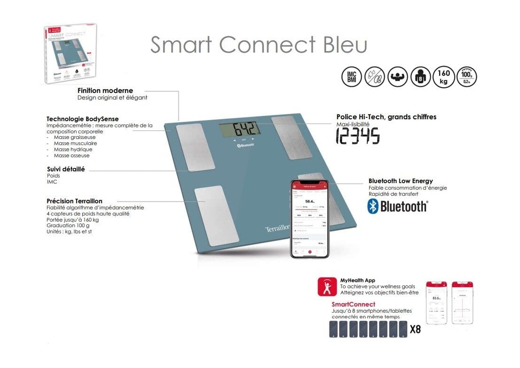 TERRAILLON - SMART CONNECT, Cantar de baie conectat, Cantar IMC, 8 utilizatori, Bluetooth cu consum redus de energie, Capacitate 160 kg, Albastru petrol