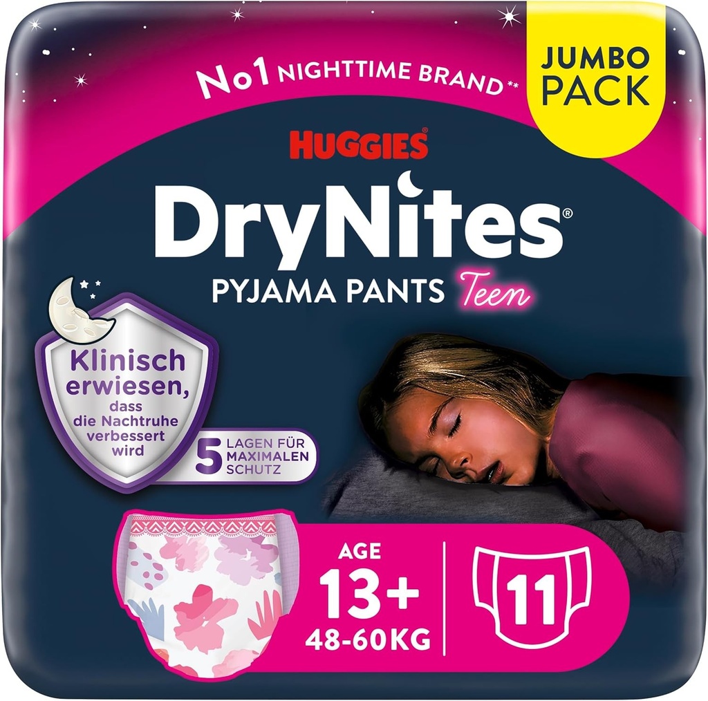 Lenjerie intima absorbanta de noapte Huggies® DryNites® - Fete - Varste 13+ (48-60 kg) - Pachet de 33 - Lenjerie intima discreta de noapte