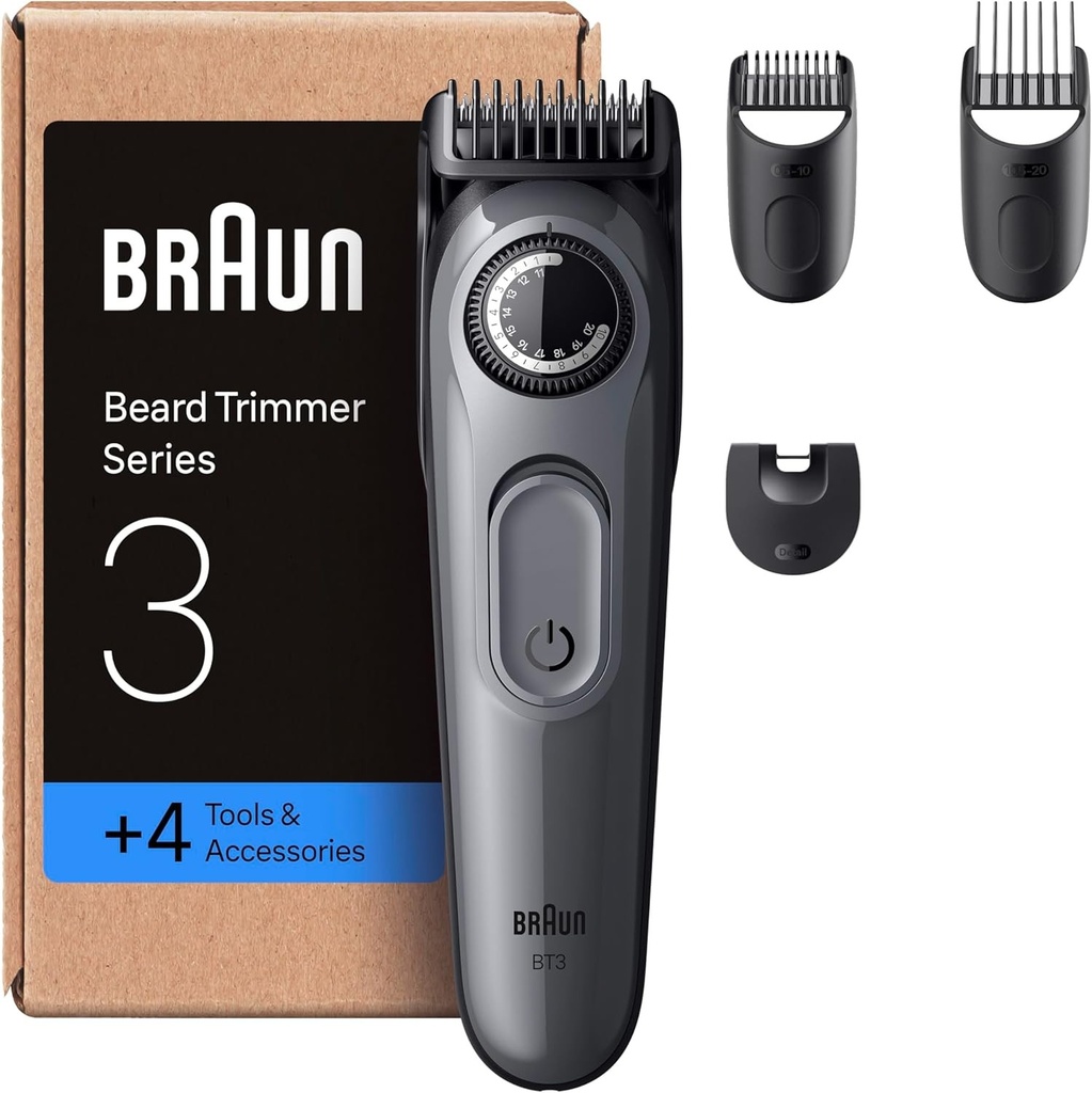 Aparat de tuns barba electric Braun Series 3 BT3525 pentru barbati, cu 4 instrumente de styling, fara fir si 40 de setari, lama ultra-ascutita si pieptene de precizie, autonomie a bateriei de 50 de minute