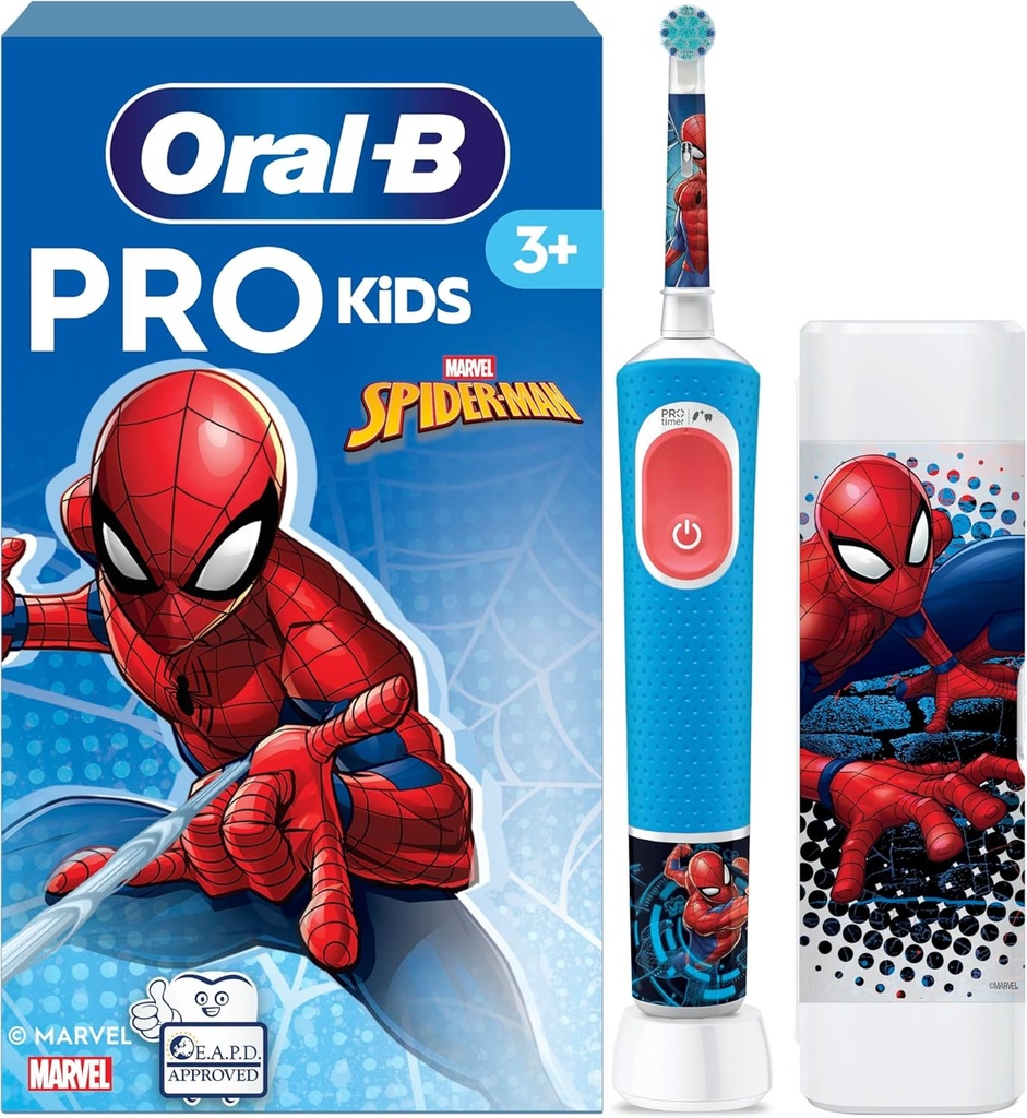 Periuta de dinti electrica Oral-B Pro Kids pentru copii, Marvel Spider-Man, cap rotund pentru guri mici si delicat cu gingiile sensibile, 1 incarcator, 1 husa de calatorie, 1 cap de periuta, varste de la 3 ani in sus