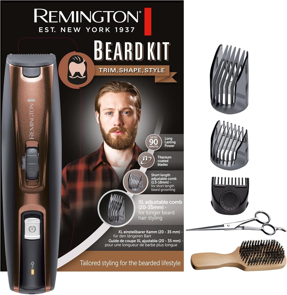 Kit de tuns barba Remington (include perie XL + foarfece) Kit de tuns barba (3 piepteni reglabili 0,5-35 mm, lame din titan cu auto-ascutire, trimmer de precizie retractabil, autonomie fara fir de 90 de minute) MB4046