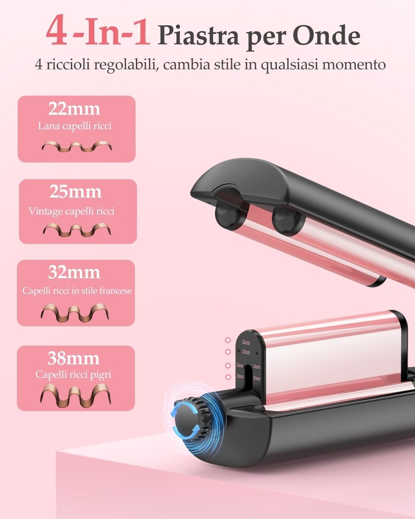 Ondulator de par reglabil 4 in 1 - 22/25/32/38 mm pentru onduleuri de plaja, onduleuri naturale, onduleuri in forma de apa, onduleuri de sirena, anti-oparire, afisaj digital, 4 temperaturi