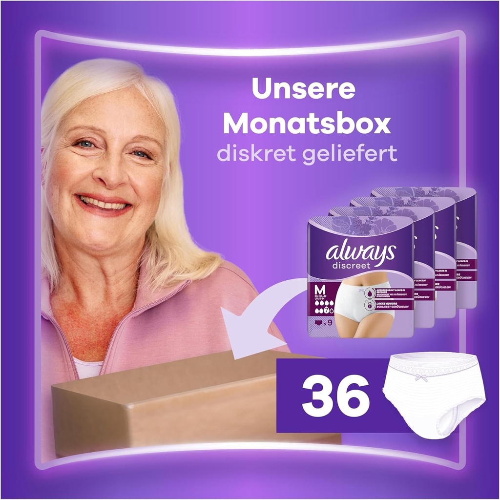 Always Discreet, 36 de chiloti pentru incontinenta pentru femei, plus 6 picaturi, lenjerie intima marimea M, alb, protectie foarte absorbanta pentru scurgeri urinare abundente sau postpartum, pachet pentru 1 luna
