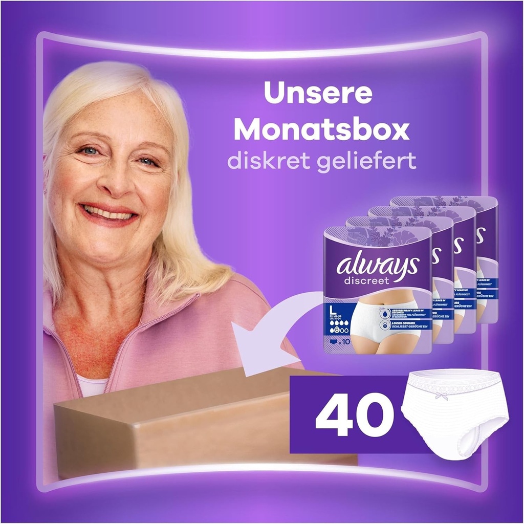 Chiloti Always Discreet pentru incontinenta, marime normala, pentru femei, marime L, 40 de chiloti, previn scurgerile si mirosurile neplacute, confortabili si greu sesizabili