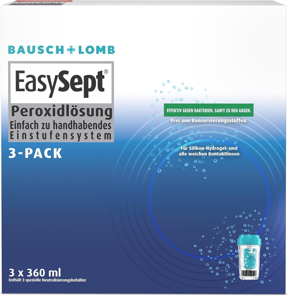 Solutie de peroxid Bausch + Lomb EasySept - Solutie de dezinfectare a lentilelor de contact moi, sistem de peroxid intr-un singur pas cu cutie, pachet de 3, 3 x 360 ml