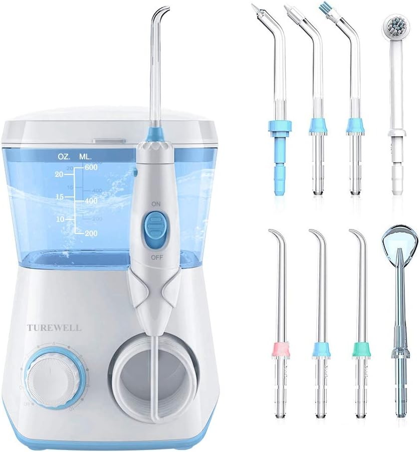 Irigator dentar cu apa TUREWELL, curatitor interdentar electric cu 10 niveluri de presiune si 8 duze, irigator oral impermeabil IPX7, irigator dentar cu apa 600 ml pentru uz casnic (alb)